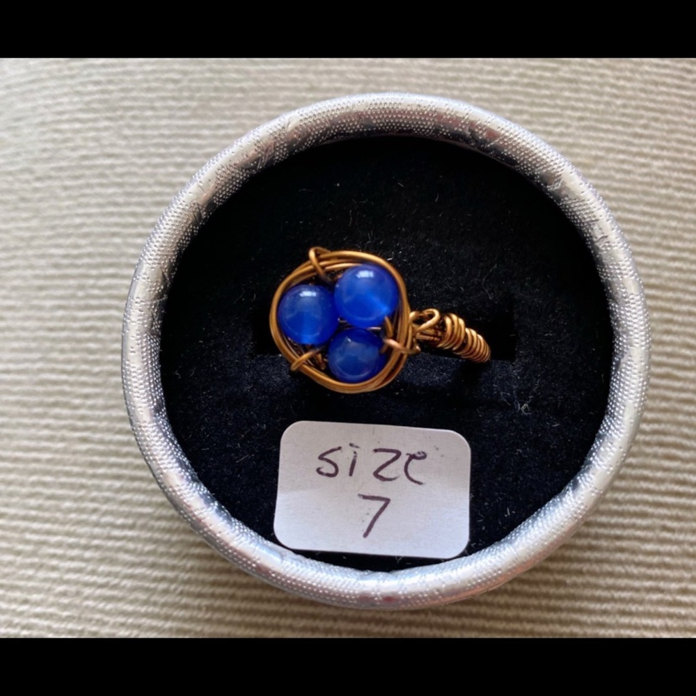 Handcrafted Blue Jade Bead Wire-Wrap Birds Nest Ring - Size 7